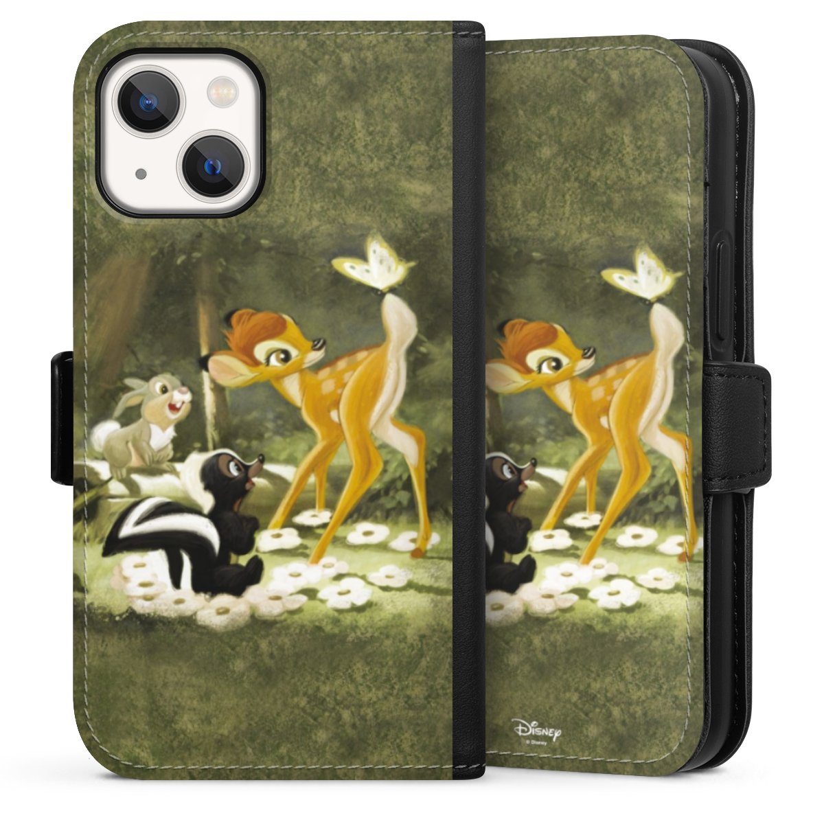 iPhone 13 Mini Handy Klapphülle Handyhülle aus Kunst Leder schwarz Flip Case Disney Official Licensed Product Bambi Sideflip mit Lasche