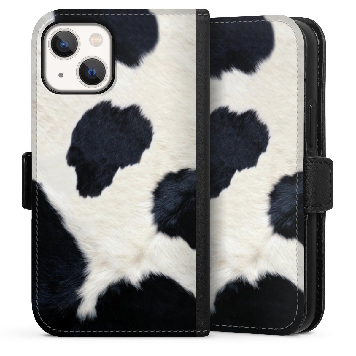 iPhone 13 Mini Handy Klapphülle Handyhülle aus Kunst Leder schwarz Flip Case Animal Look Animal Print Cow Skin Sideflip mit Lasche