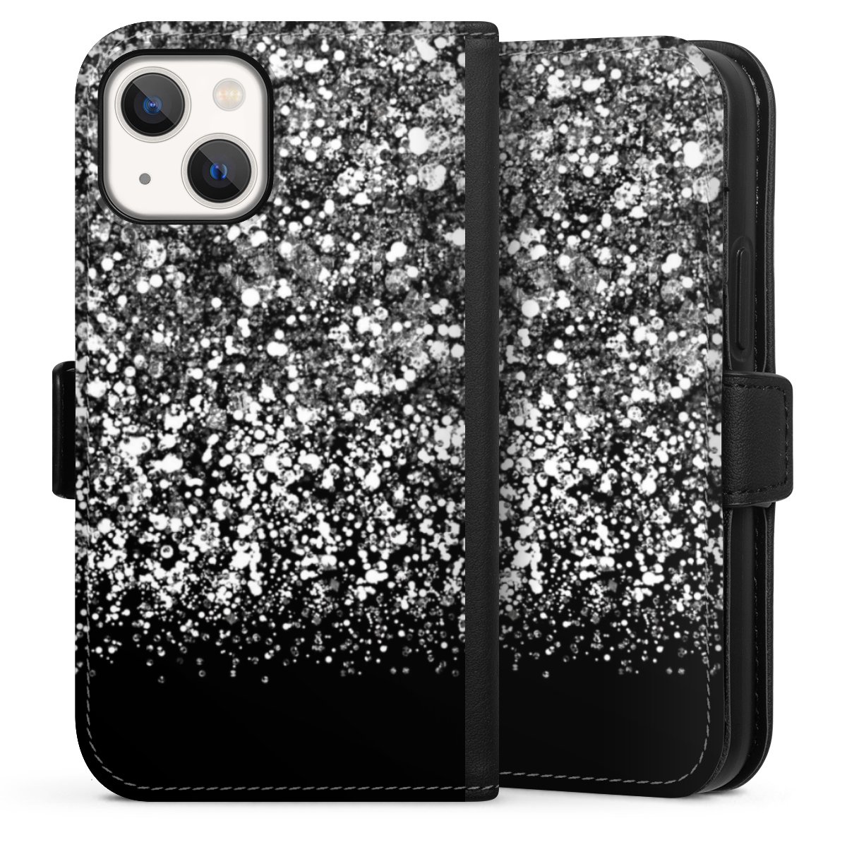 iPhone 13 Mini Handy Klapphülle Handyhülle aus Kunst Leder schwarz Flip Case Glitzer Snowflake Muster Sideflip mit Lasche