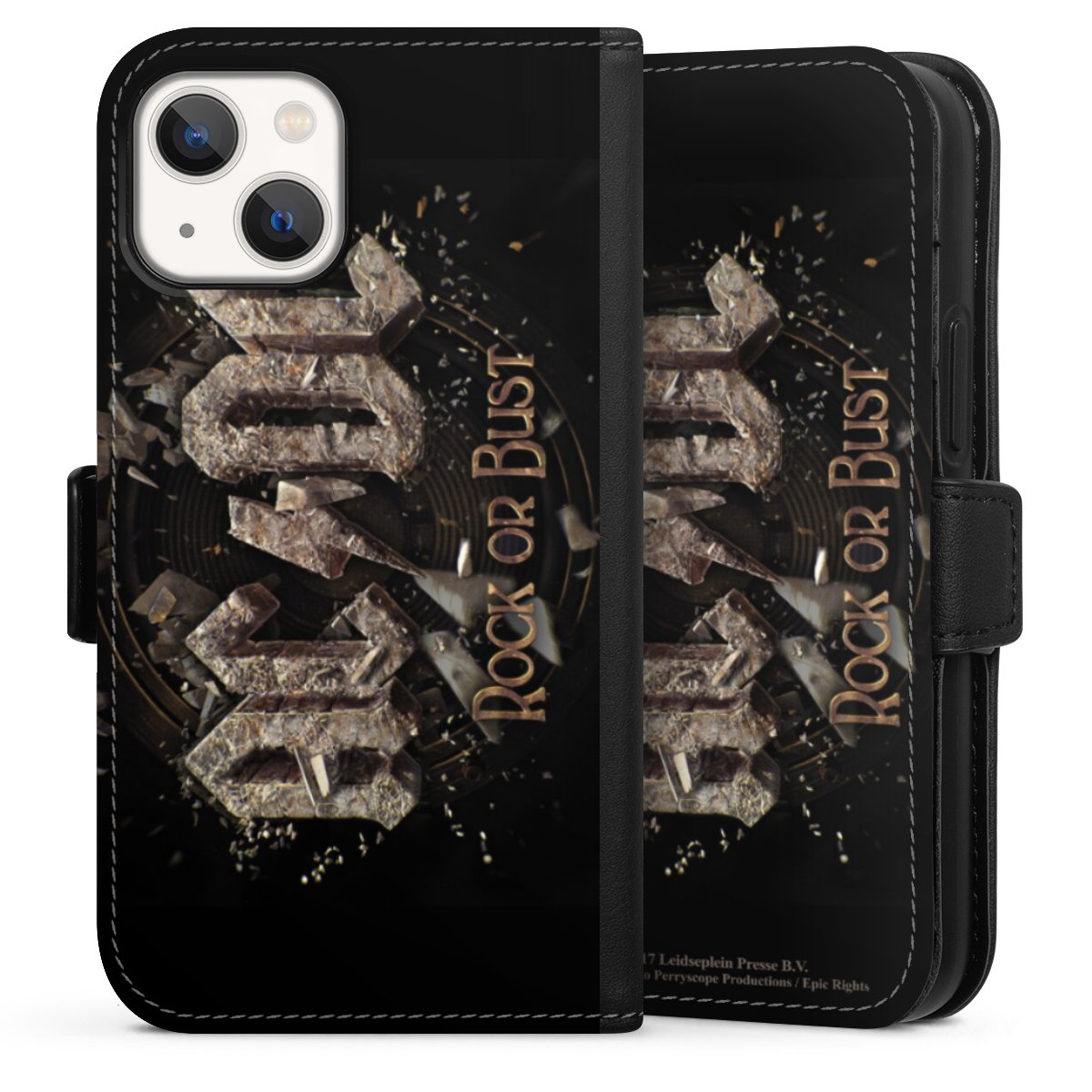 iPhone 13 Mini Handy Klapphülle Handyhülle aus Kunst Leder schwarz Flip Case Acdc Official Licensed Product Rock Or Bust Sideflip mit Lasche