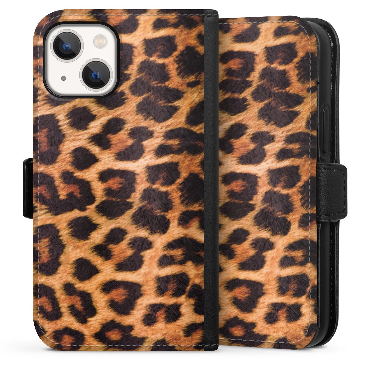 iPhone 13 Mini Handy Klapphülle Handyhülle aus Kunst Leder schwarz Flip Case Animal Print Leopard Fur Sideflip mit Lasche