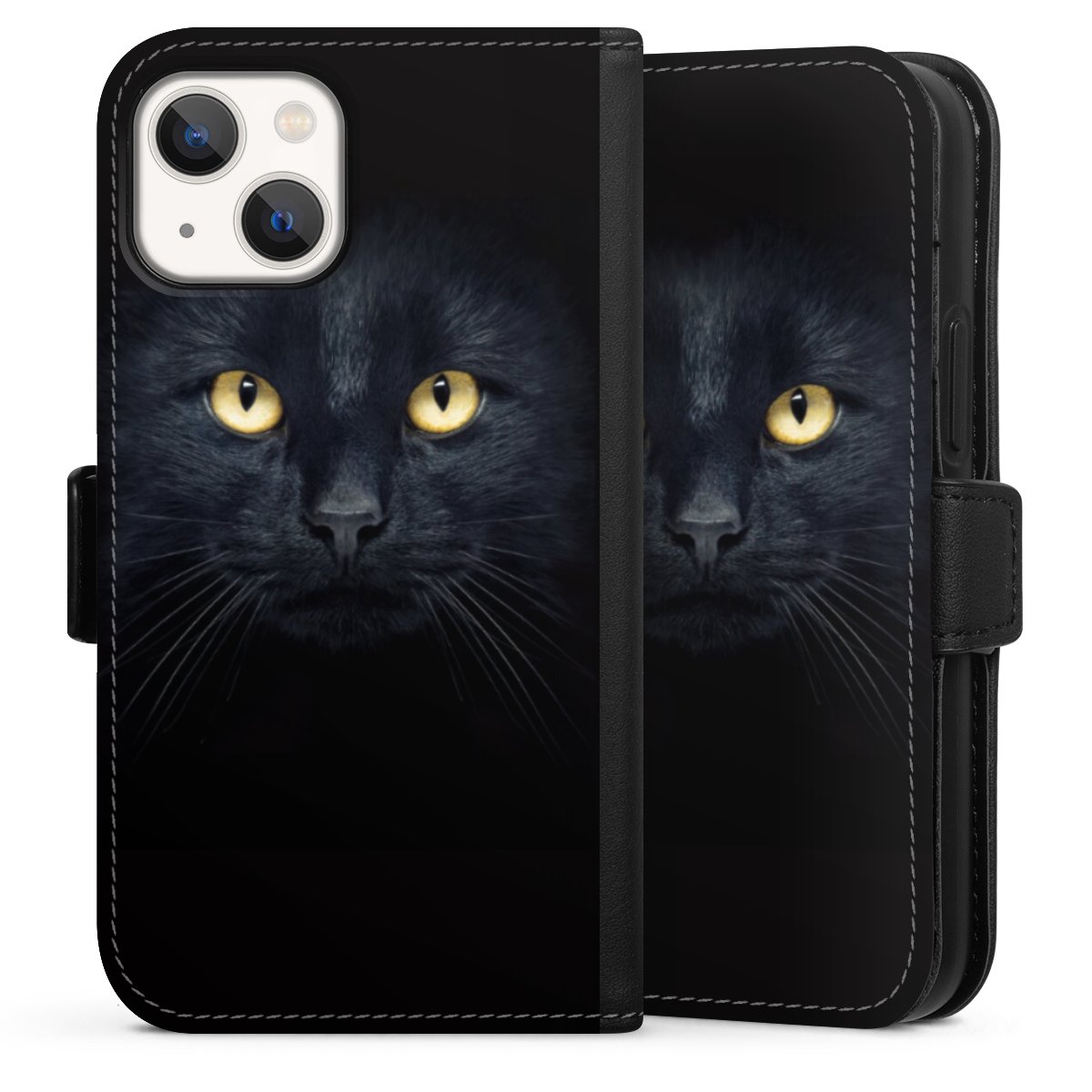 iPhone 13 Mini Handy Klapphülle Handyhülle aus Kunst Leder schwarz Flip Case Eye Cat Black Sideflip mit Lasche