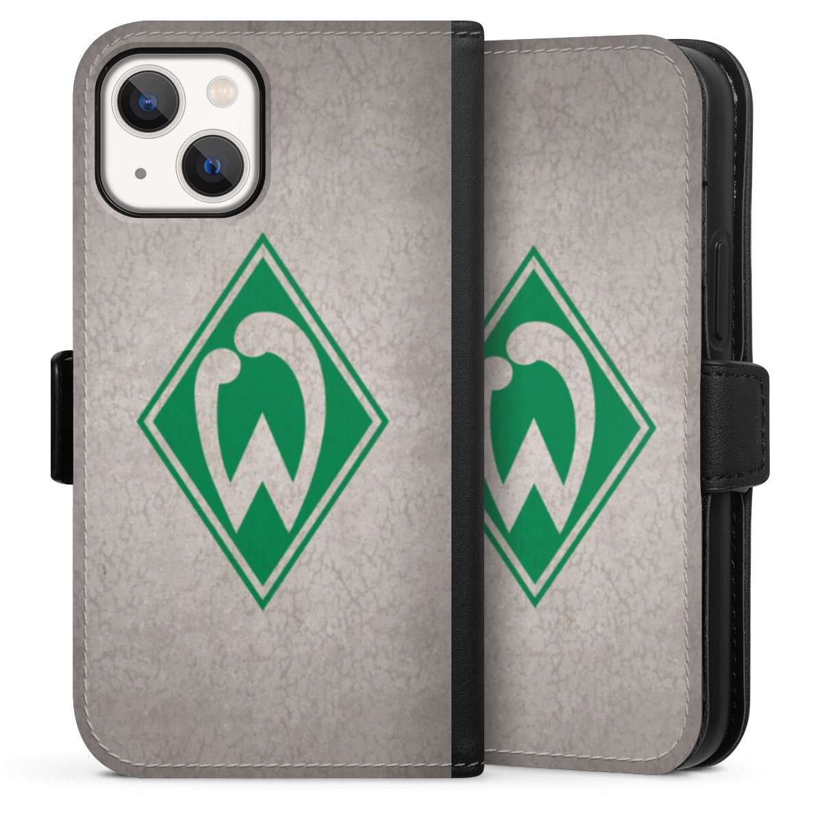 iPhone 13 Mini Handy Klapphülle Handyhülle aus Kunst Leder schwarz Flip Case Sv Werder Bremen Concrete Official Licensed Product Sideflip mit Lasche