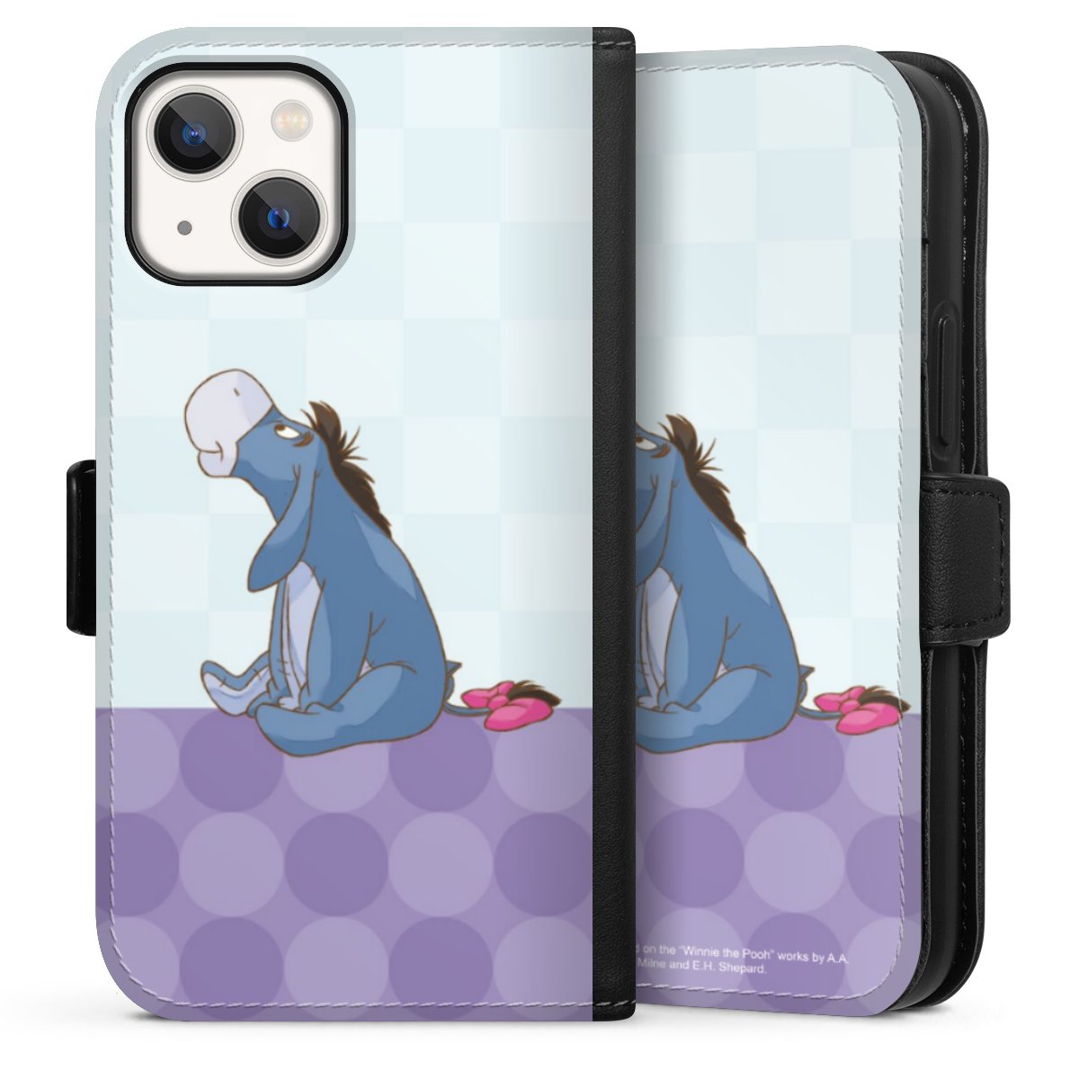 iPhone 13 Mini Handy Klapphülle Handyhülle aus Kunst Leder schwarz Flip Case Disney Donkey Winnie The Pooh Sideflip mit Lasche