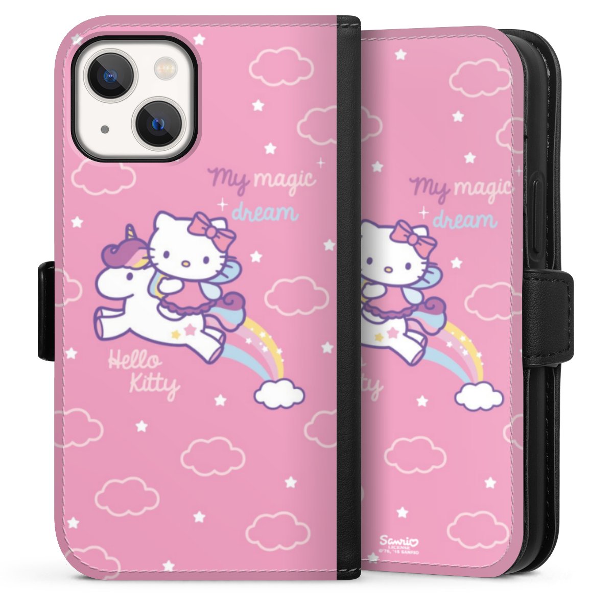 iPhone 13 Mini Handy Klapphülle Handyhülle aus Kunst Leder schwarz Flip Case Einhorn Official Licensed Product Hello Kitty Sideflip mit Lasche