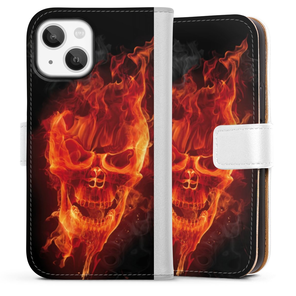 iPhone 13 Mini Handy Klapphülle Handyhülle aus Kunst Leder weiß Flip Case Totenkopf Skull Fire Sideflip mit Lasche