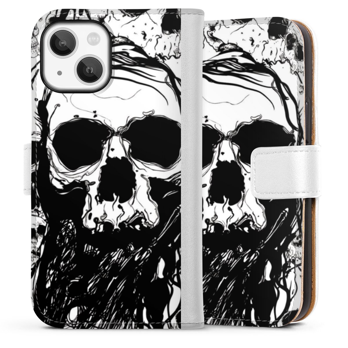 iPhone 13 Mini Handy Klapphülle Handyhülle aus Kunst Leder weiß Flip Case Totenkopf Halloween Sideflip mit Lasche