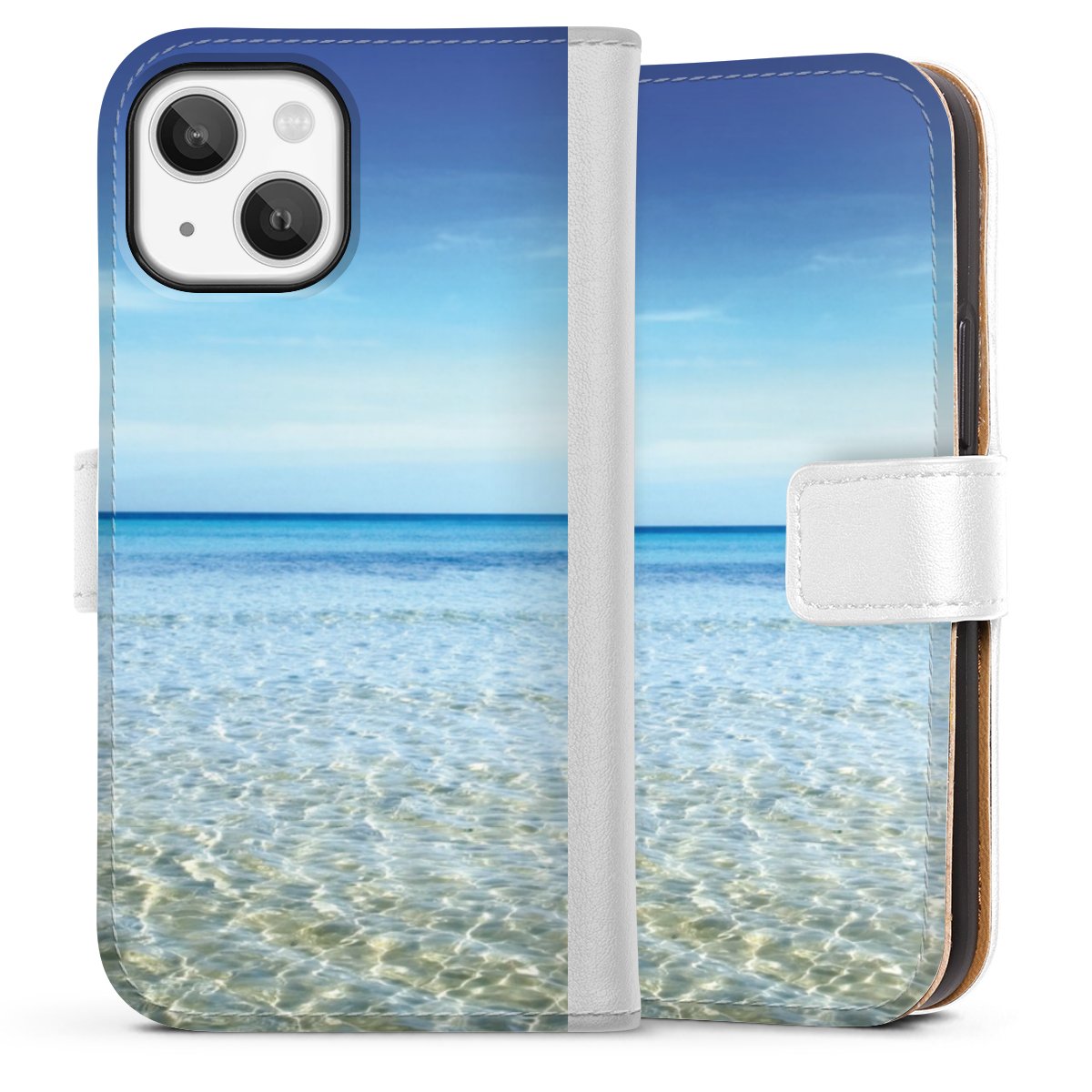 iPhone 13 Mini Handy Klapphülle Handyhülle aus Kunst Leder weiß Flip Case Urlaub Sky Ocean Sideflip mit Lasche