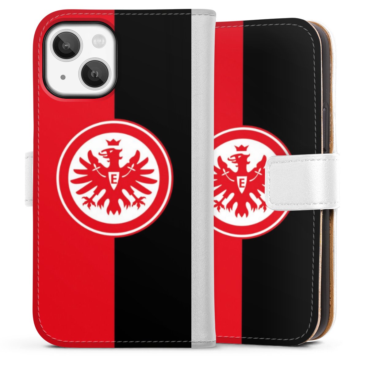 iPhone 13 Mini Handy Klapphülle Handyhülle aus Kunst Leder weiß Flip Case Official Licensed Product Eintracht Frankfurt Sge Sideflip mit Lasche