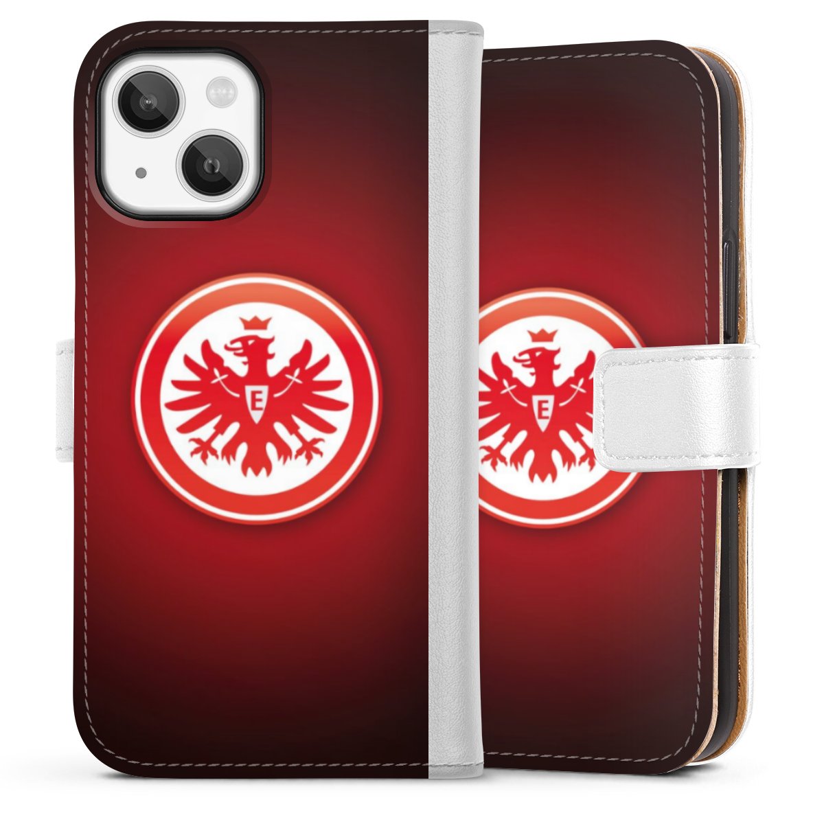 iPhone 13 Mini Handy Klapphülle Handyhülle aus Kunst Leder weiß Flip Case Eintracht Frankfurt Official Licensed Product Coat Of Arms Sideflip mit Lasche