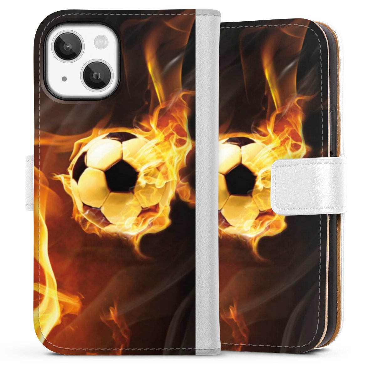 iPhone 13 Mini Handy Klapphülle Handyhülle aus Kunst Leder weiß Flip Case Ball Fire Soccer Sideflip mit Lasche