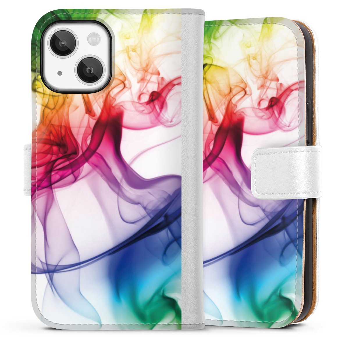 iPhone 13 Mini Handy Klapphülle Handyhülle aus Kunst Leder weiß Flip Case Water Colour Rainbow Sideflip mit Lasche