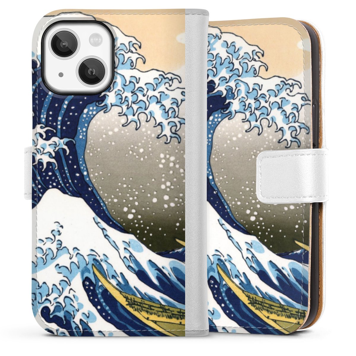 iPhone 13 Mini Handy Klapphülle Handyhülle aus Kunst Leder weiß Flip Case Kunst Katsushika Hokusai Die Große Welle Vor Kanagawa Sideflip mit Lasche