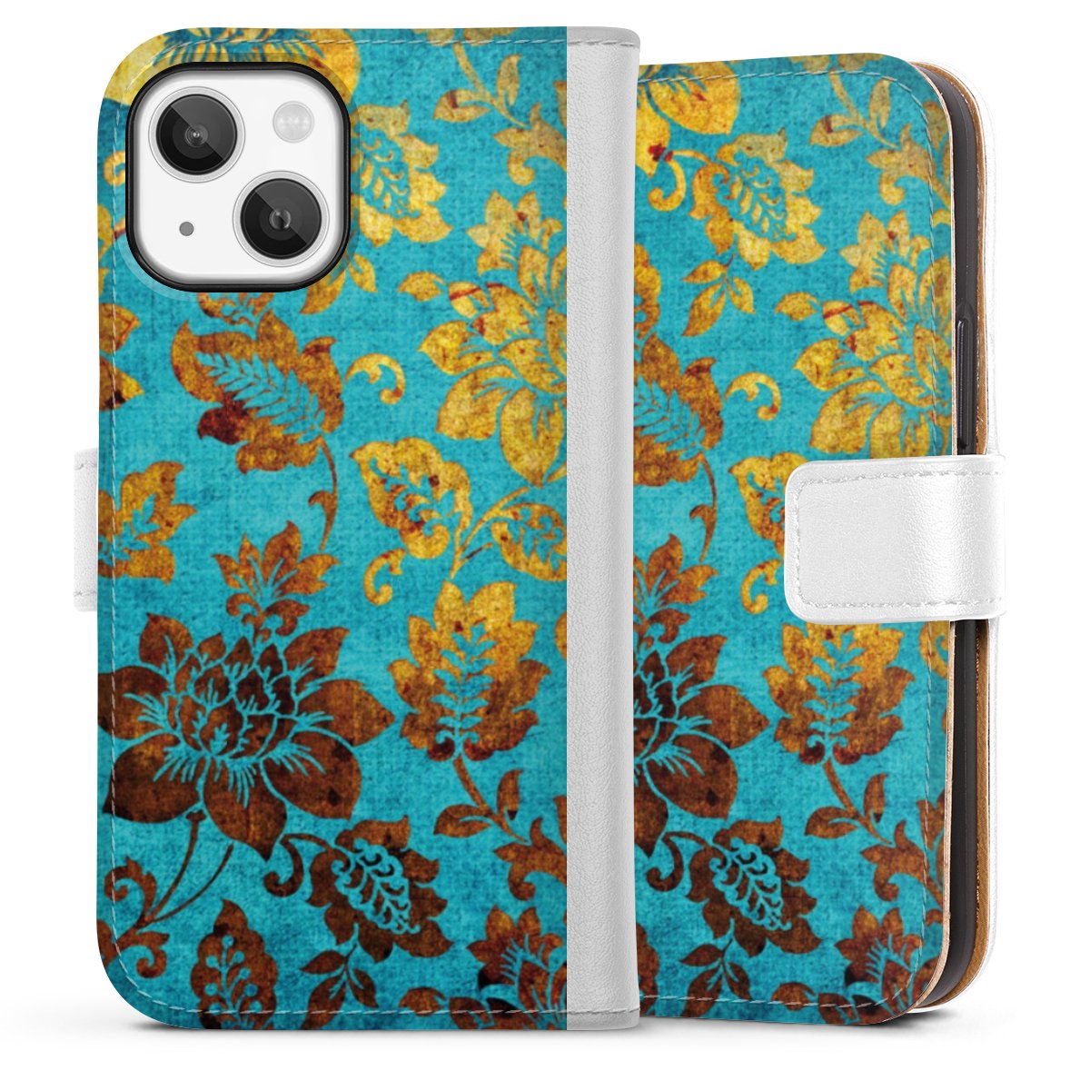 iPhone 13 Mini Handy Klapphülle Handyhülle aus Kunst Leder weiß Flip Case Ornament Vintage Flowers Sideflip mit Lasche