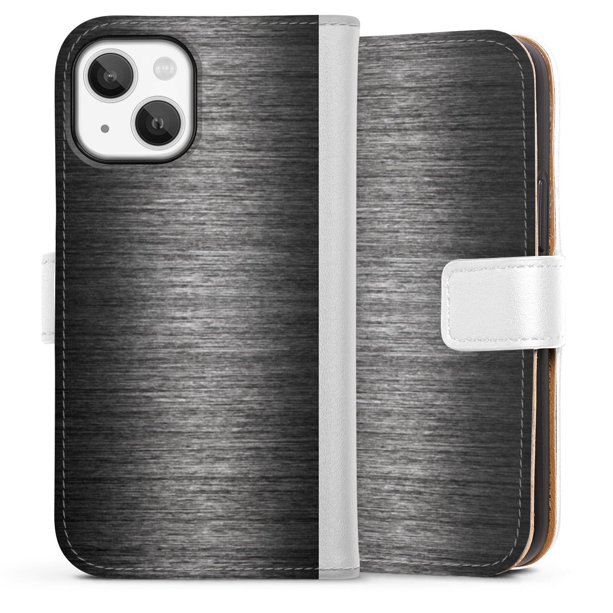 iPhone 13 Mini Handy Klapphülle Handyhülle aus Kunst Leder weiß Flip Case Metallic Look Anthracite Metal Sideflip mit Lasche