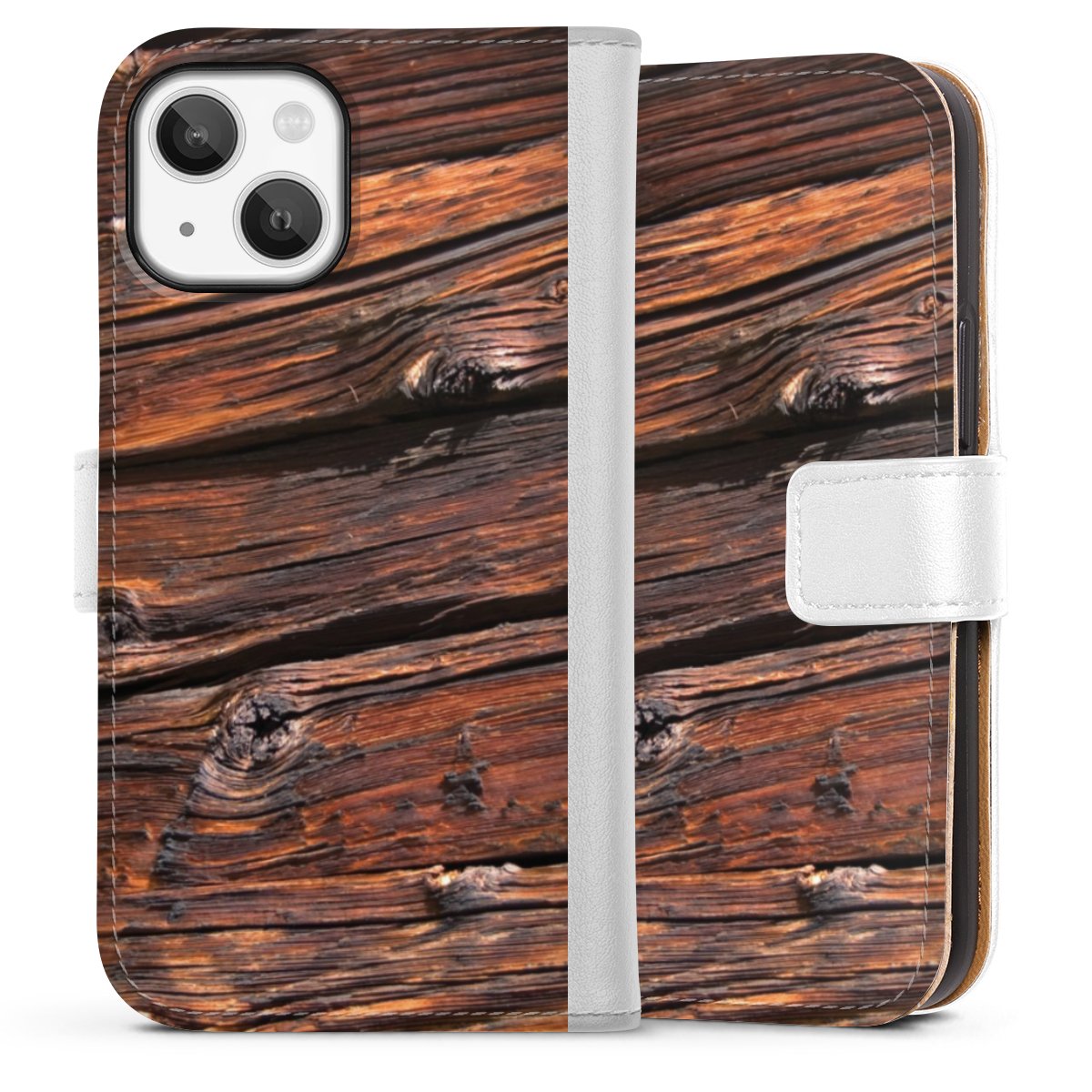 iPhone 13 Mini Handy Klapphülle Handyhülle aus Kunst Leder weiß Flip Case Beams Wooden Look Wood Sideflip mit Lasche