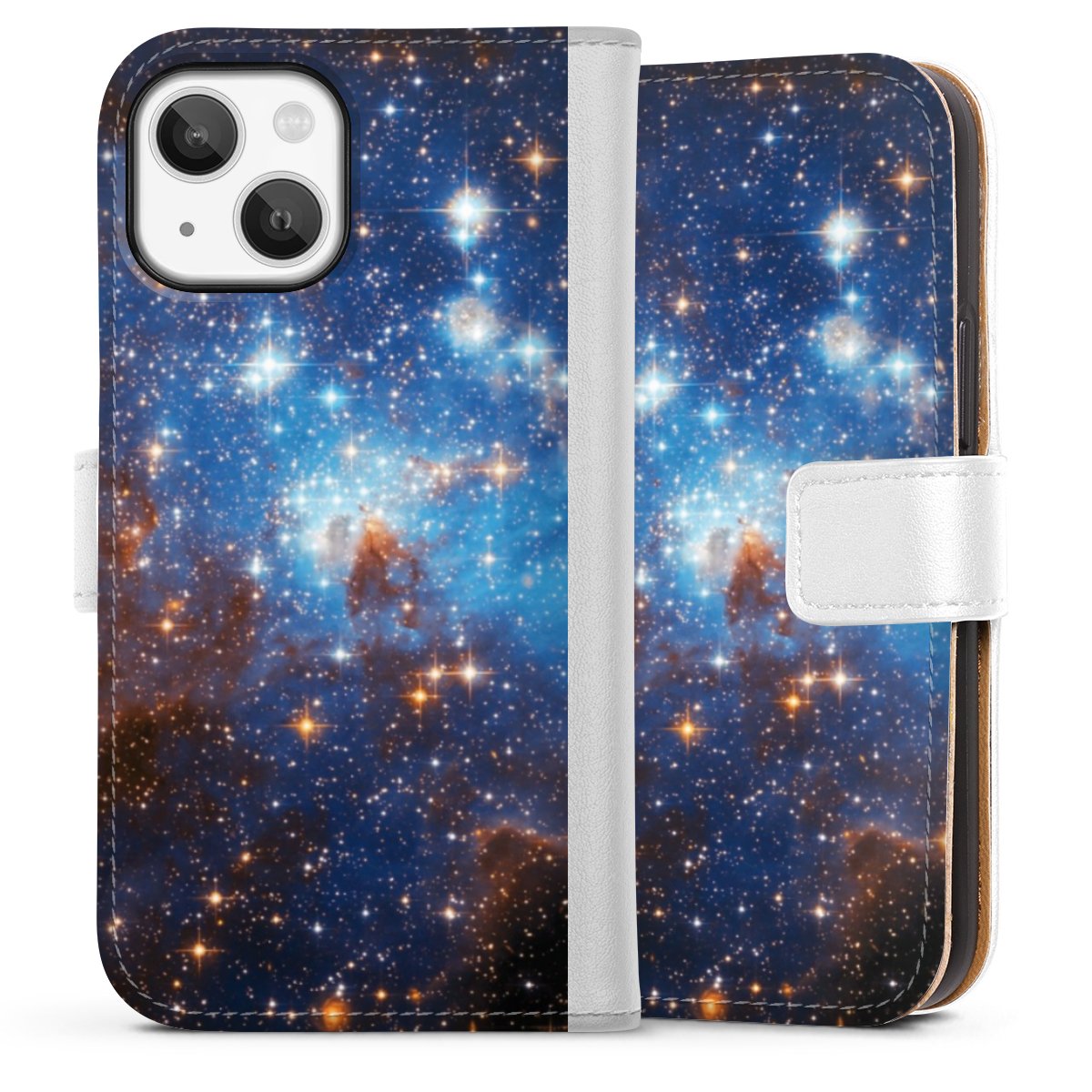 iPhone 13 Mini Handy Klapphülle Handyhülle aus Kunst Leder weiß Flip Case Star Weltall Galaxy Sideflip mit Lasche