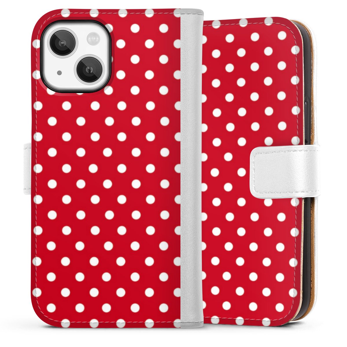 iPhone 13 Mini Handy Klapphülle Handyhülle aus Kunst Leder weiß Flip Case Points Polka Dots Retro Sideflip mit Lasche