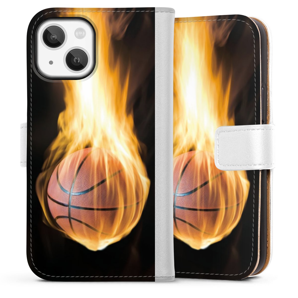 iPhone 13 Mini Handy Klapphülle Handyhülle aus Kunst Leder weiß Flip Case Basketball Sports Fire Sideflip mit Lasche