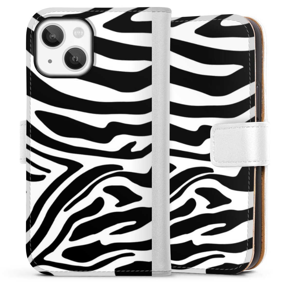 iPhone 13 Mini Handy Klapphülle Handyhülle aus Kunst Leder weiß Flip Case Zebra Animal Look Animal Print Sideflip mit Lasche