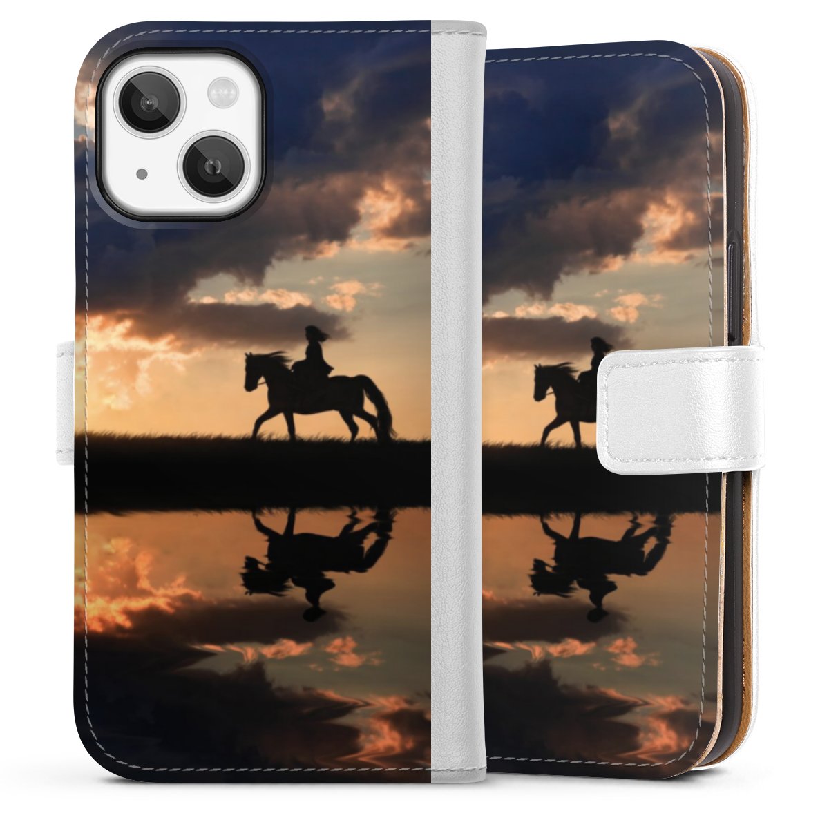 iPhone 13 Mini Handy Klapphülle Handyhülle aus Kunst Leder weiß Flip Case Horse Sunset Horseback Riding Sideflip mit Lasche