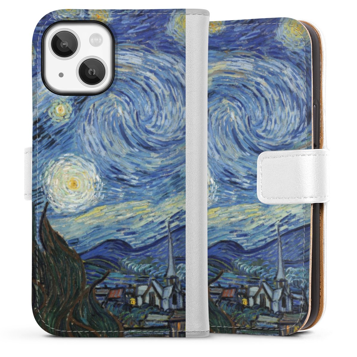 iPhone 13 Mini Handy Klapphülle Handyhülle aus Kunst Leder weiß Flip Case The Starry Night Kunst Vincent Van Gogh Sideflip mit Lasche