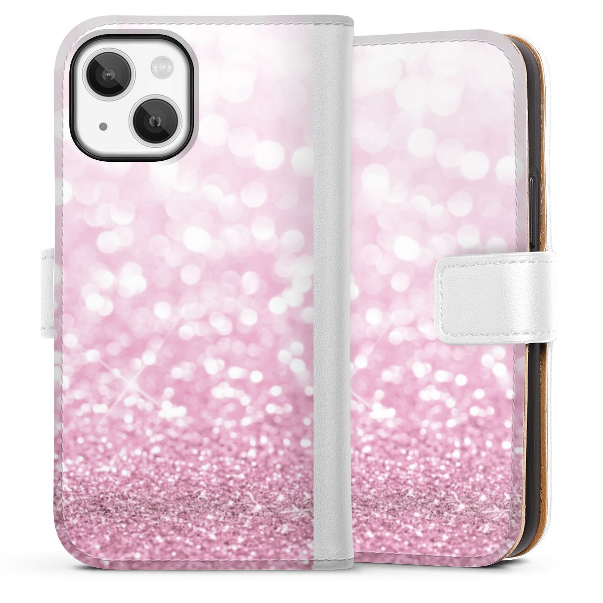 iPhone 13 Mini Handy Klapphülle Handyhülle aus Kunst Leder weiß Flip Case Glitzer Pink Shine Sideflip mit Lasche