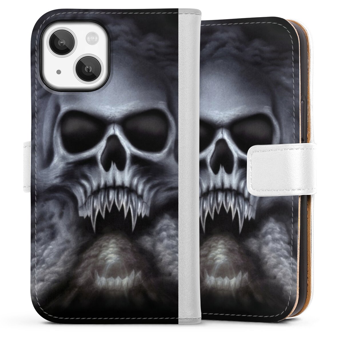 iPhone 13 Mini Handy Klapphülle Handyhülle aus Kunst Leder weiß Flip Case Totenkopf Skull Sideflip mit Lasche