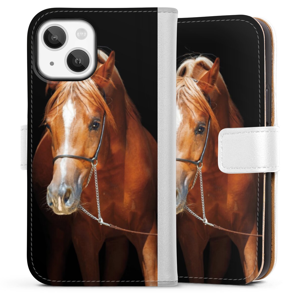 iPhone 13 Mini Handy Klapphülle Handyhülle aus Kunst Leder weiß Flip Case Mare Horse Hobby Sideflip mit Lasche