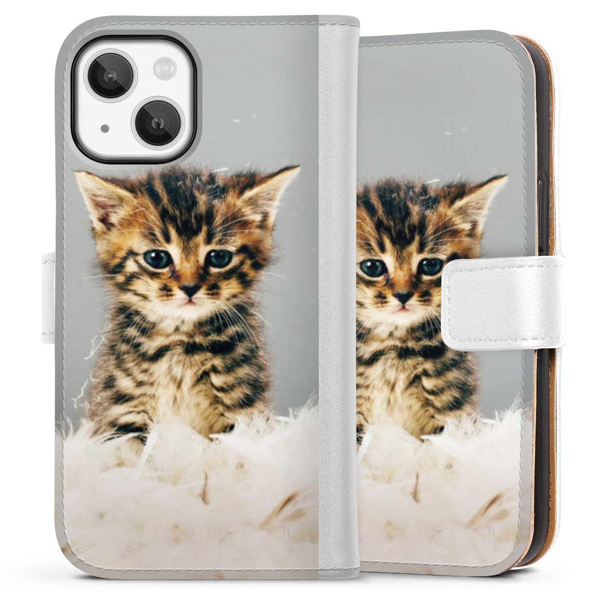 iPhone 13 Mini Handy Klapphülle Handyhülle aus Kunst Leder weiß Flip Case Cat Feather Pet Sideflip mit Lasche