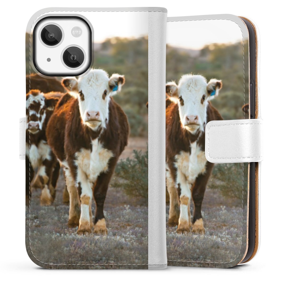 iPhone 13 Mini Handy Klapphülle Handyhülle aus Kunst Leder weiß Flip Case Cow Farmer Calf Sideflip mit Lasche