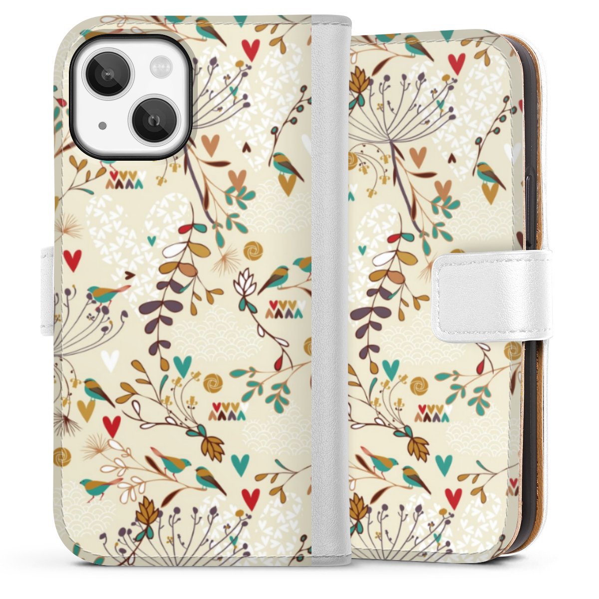 iPhone 13 Mini Handy Klapphülle Handyhülle aus Kunst Leder weiß Flip Case Bird Flowers Retro Sideflip mit Lasche