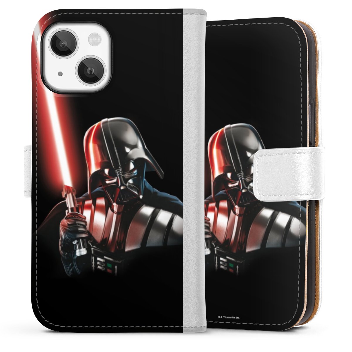 iPhone 13 Mini Handy Klapphülle Handyhülle aus Kunst Leder weiß Flip Case Star Wars Merchandise Darth Vader Sideflip mit Lasche