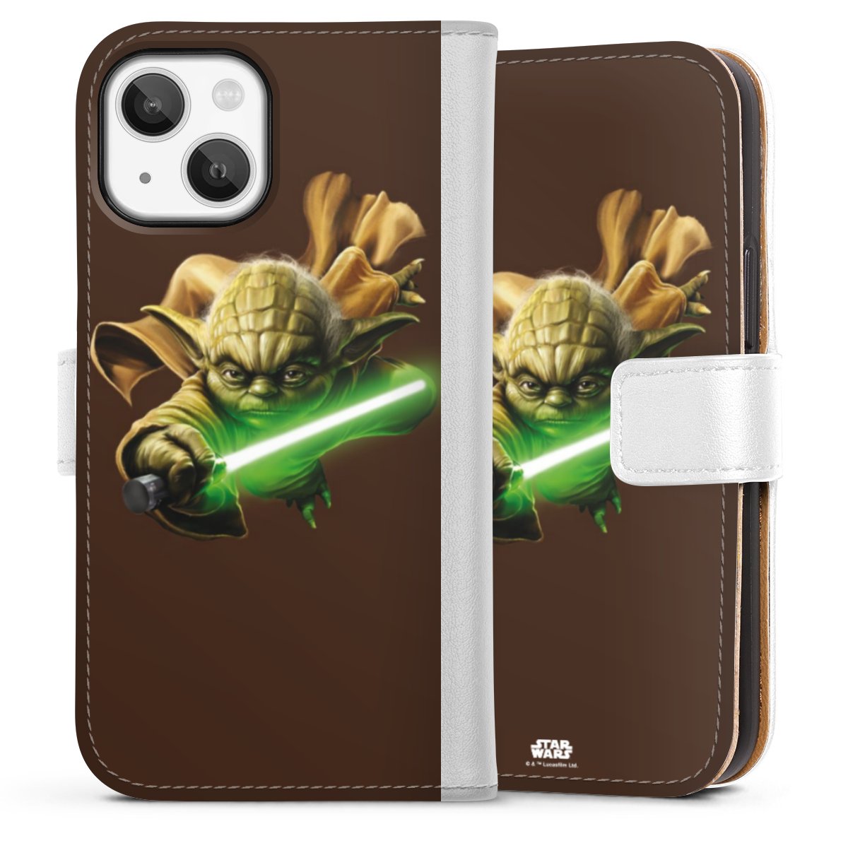 iPhone 13 Mini Handy Klapphülle Handyhülle aus Kunst Leder weiß Flip Case Yoda Merchandise Star Wars Sideflip mit Lasche