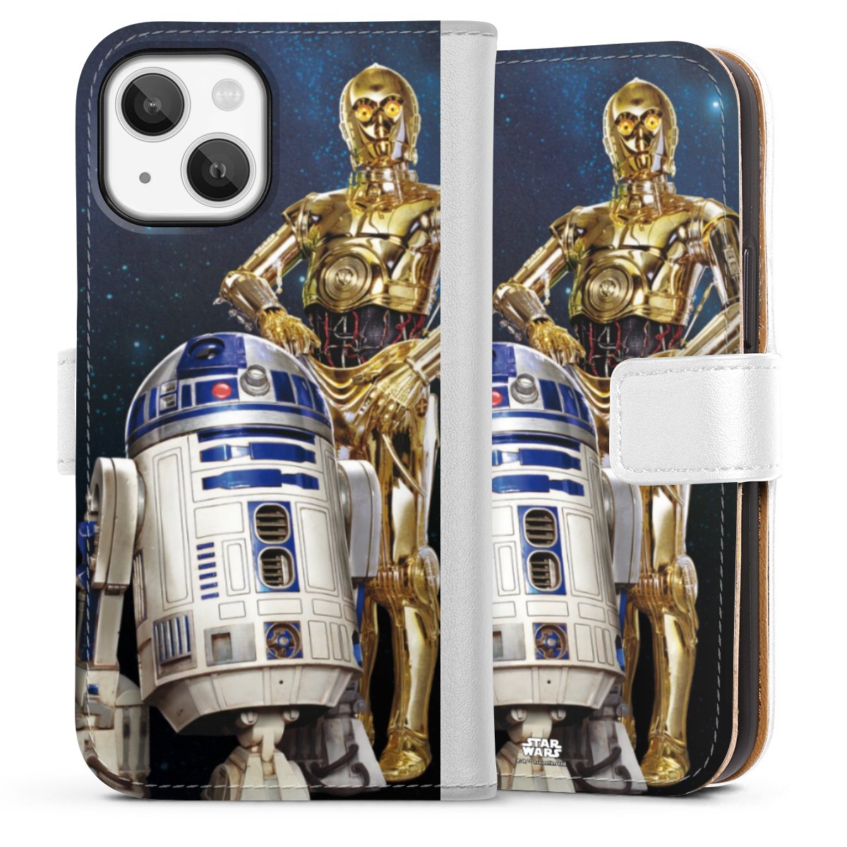 iPhone 13 Mini Handy Klapphülle Handyhülle aus Kunst Leder weiß Flip Case Weltall Star Wars R2d2 Sideflip mit Lasche