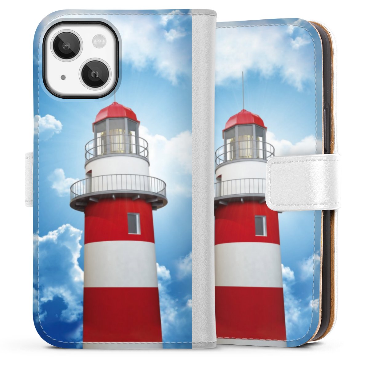 iPhone 13 Mini Handy Klapphülle Handyhülle aus Kunst Leder weiß Flip Case Lighthouse Sky Cloud Sideflip mit Lasche