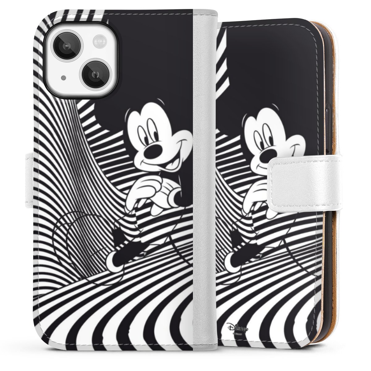 iPhone 13 Mini Handy Klapphülle Handyhülle aus Kunst Leder weiß Flip Case Disney Official Licensed Product Mickey Mouse Sideflip mit Lasche