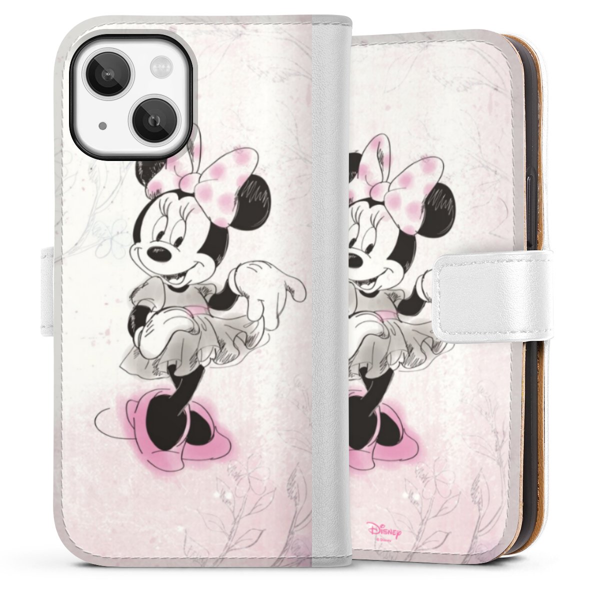 iPhone 13 Mini Handy Klapphülle Handyhülle aus Kunst Leder weiß Flip Case Disney Minnie Mouse Vintage Sideflip mit Lasche