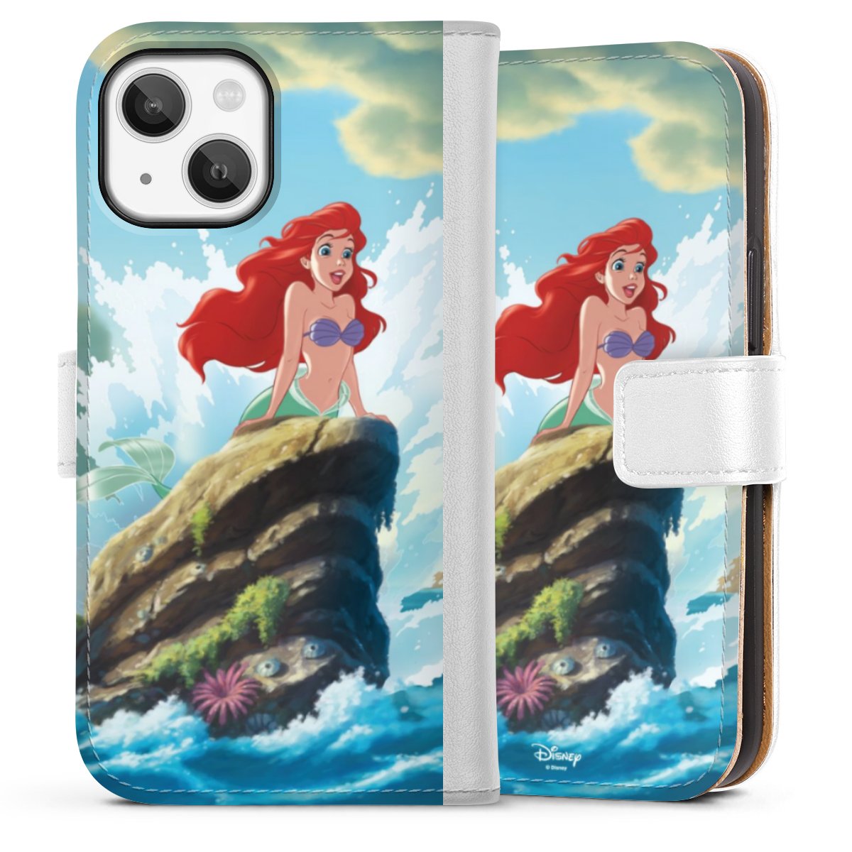 iPhone 13 Mini Handy Klapphülle Handyhülle aus Kunst Leder weiß Flip Case Mermaid Arielle Die Meerjungfrau Official Licensed Product Sideflip mit Lasche