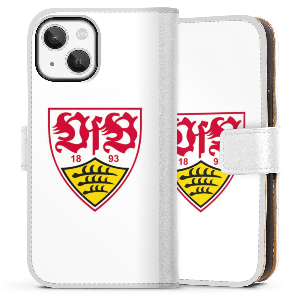 iPhone 13 Mini Handy Klapphülle Handyhülle aus Kunst Leder weiß Flip Case Logo Official Licensed Product Vfb Stuttgart Sideflip mit Lasche