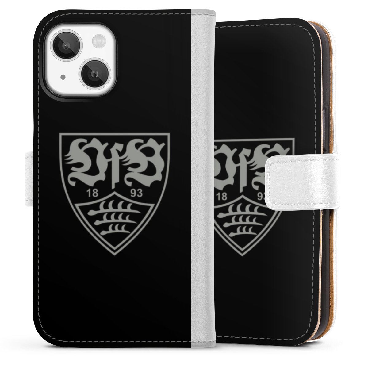 iPhone 13 Mini Handy Klapphülle Handyhülle aus Kunst Leder weiß Flip Case Official Licensed Product Vfb Stuttgart Sideflip mit Lasche