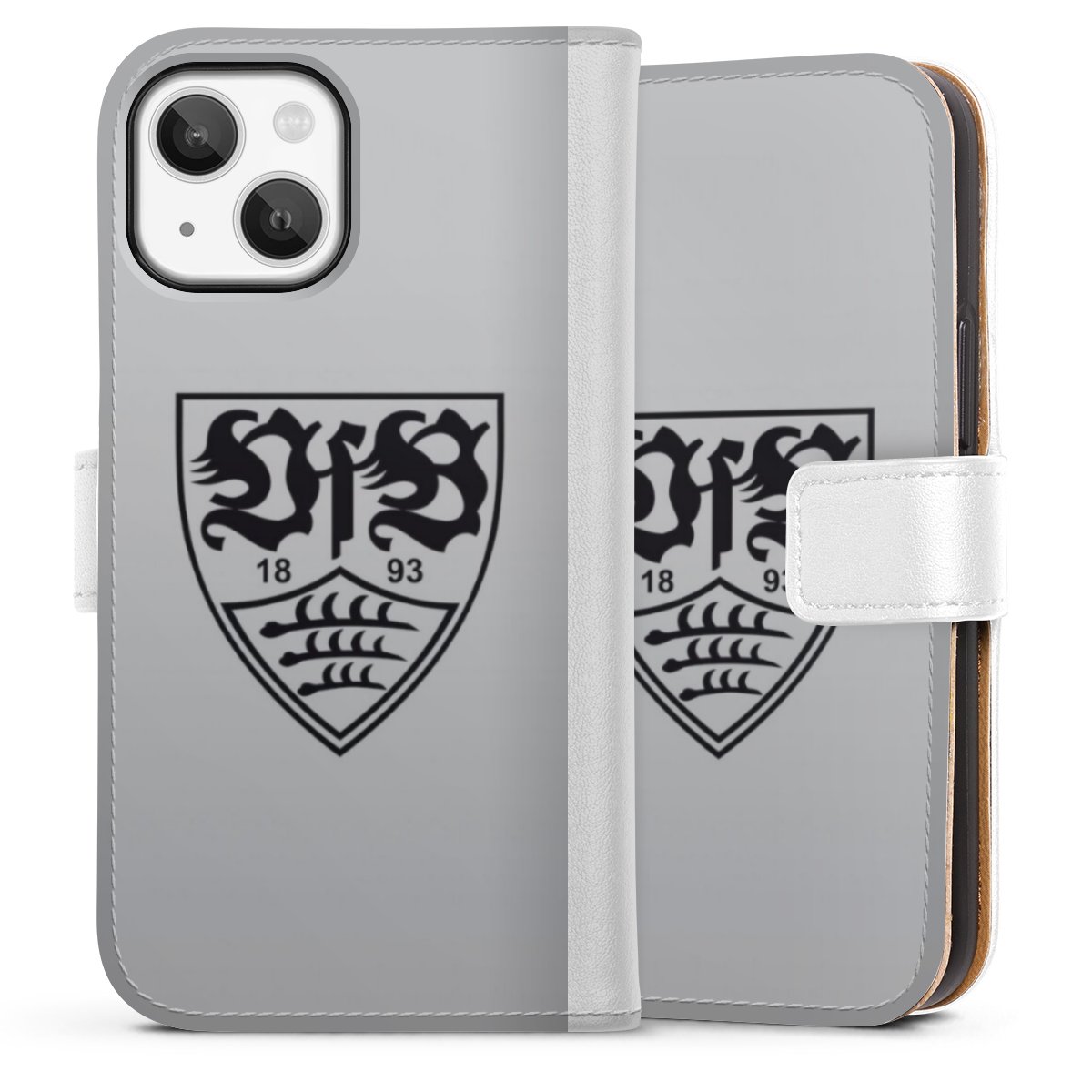 iPhone 13 Mini Handy Klapphülle Handyhülle aus Kunst Leder weiß Flip Case Logo Vfb Stuttgart Official Licensed Product Sideflip mit Lasche