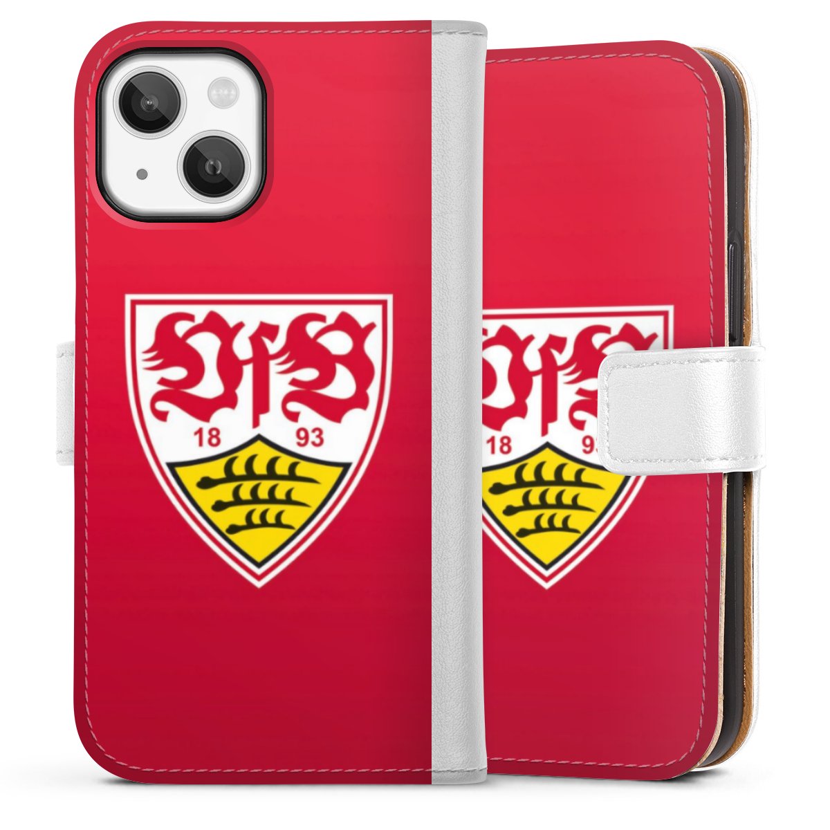 iPhone 13 Mini Handy Klapphülle Handyhülle aus Kunst Leder weiß Flip Case Official Licensed Product Vfb Stuttgart Sideflip mit Lasche