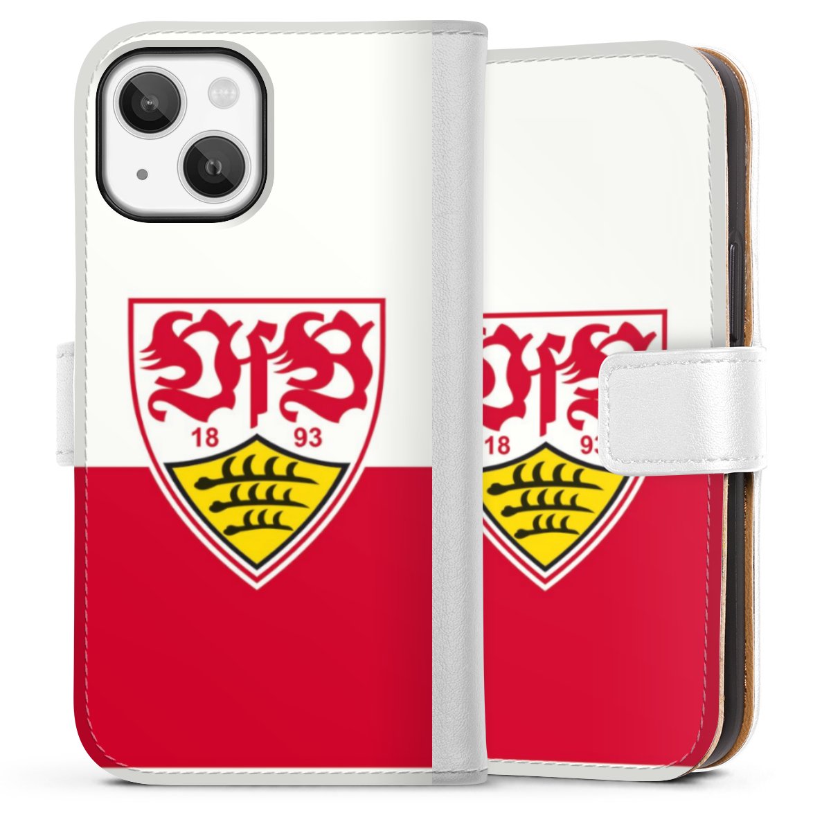 iPhone 13 Mini Handy Klapphülle Handyhülle aus Kunst Leder weiß Flip Case Official Licensed Product Logo Vfb Stuttgart Sideflip mit Lasche