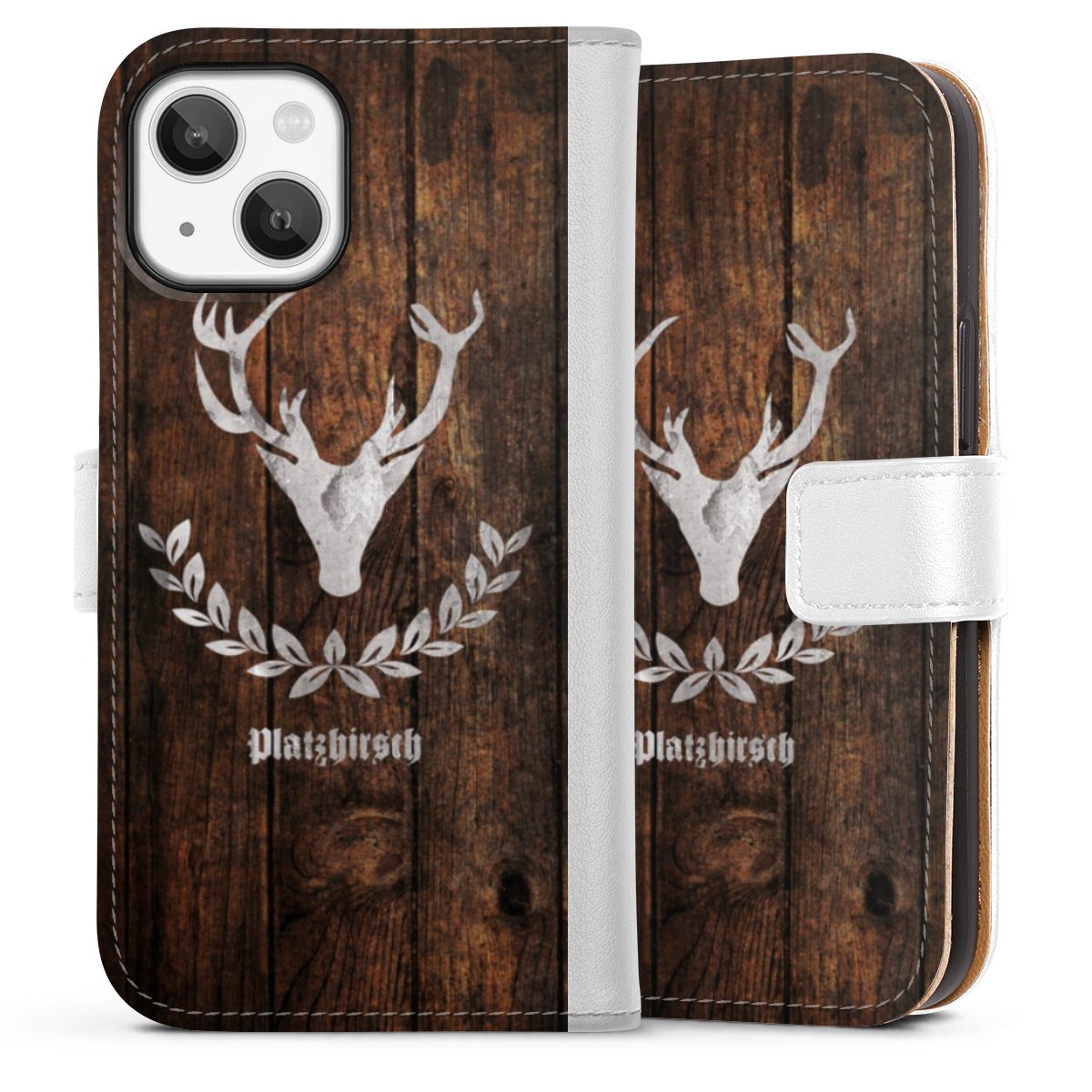 iPhone 13 Mini Handy Klapphülle Handyhülle aus Kunst Leder weiß Flip Case Deer Wood Wooden Look Sideflip mit Lasche