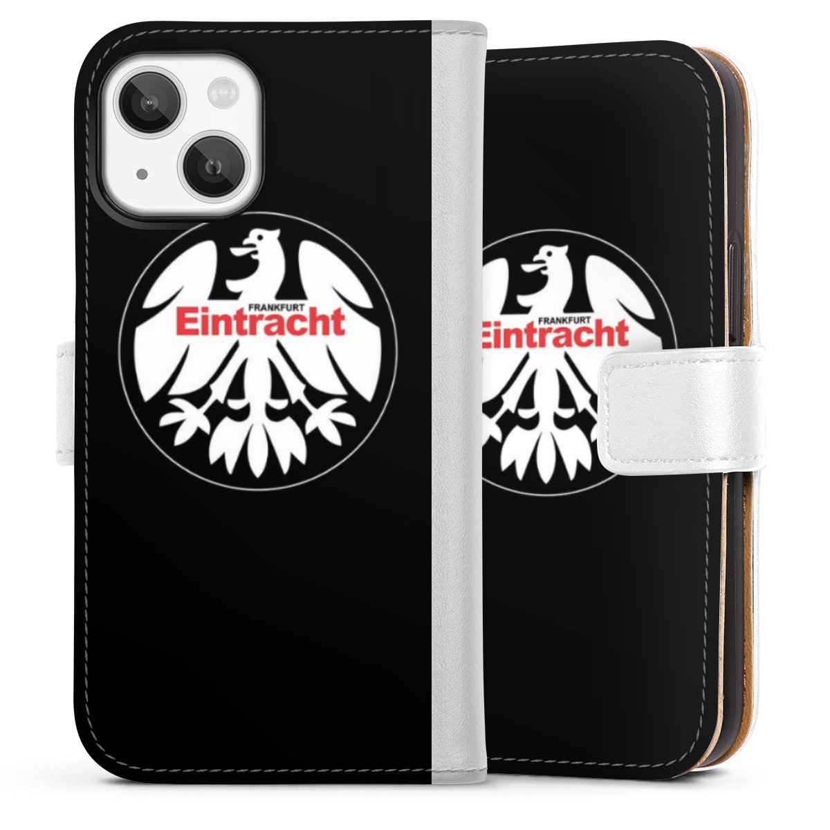 iPhone 13 Mini Handy Klapphülle Handyhülle aus Kunst Leder weiß Flip Case Official Licensed Product Eintracht Frankfurt Sge Sideflip mit Lasche