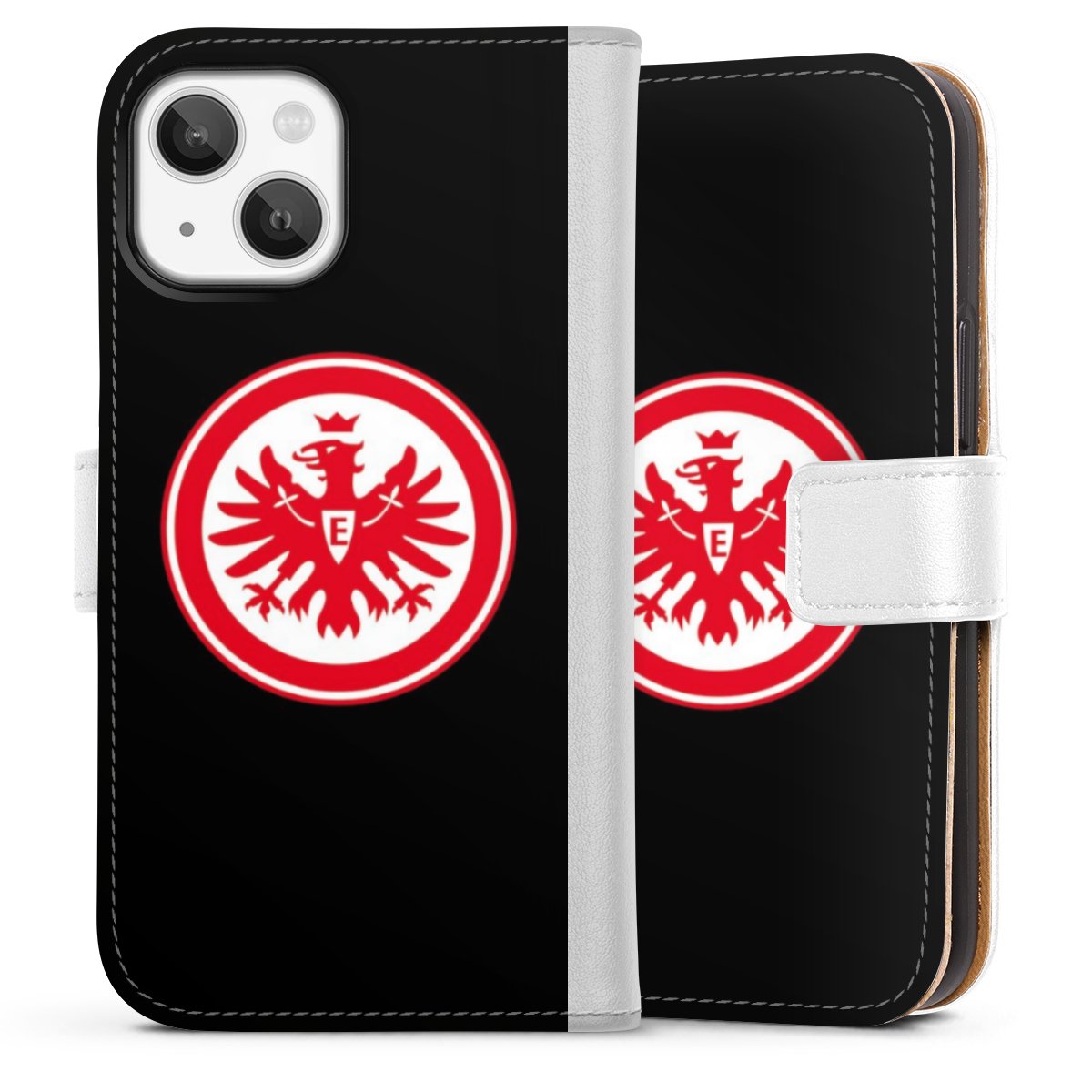 iPhone 13 Mini Handy Klapphülle Handyhülle aus Kunst Leder weiß Flip Case Eintracht Frankfurt Sge Eagle Sideflip mit Lasche