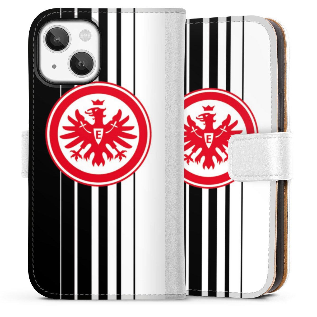 iPhone 13 Mini Handy Klapphülle Handyhülle aus Kunst Leder weiß Flip Case Stripes Eintracht Frankfurt Official Licensed Product Sideflip mit Lasche