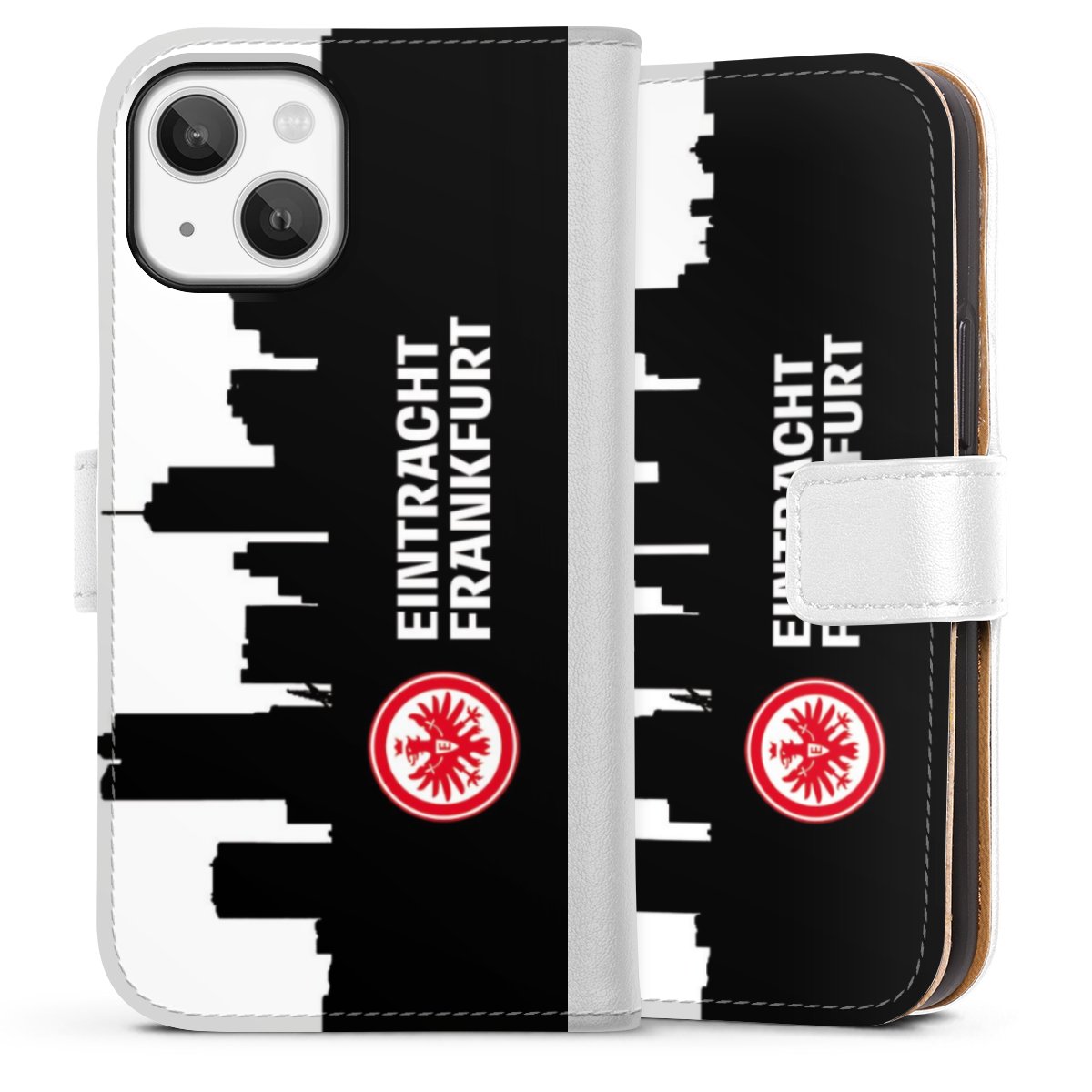 iPhone 13 Mini Handy Klapphülle Handyhülle aus Kunst Leder weiß Flip Case Sge Eintracht Frankfurt Official Licensed Product Sideflip mit Lasche