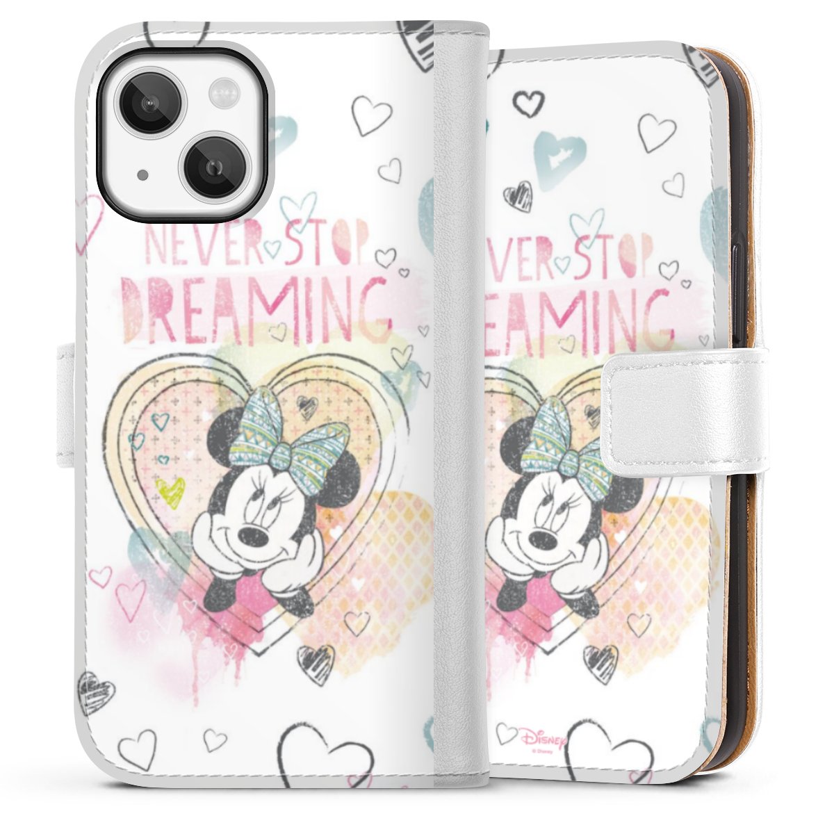 iPhone 13 Mini Handy Klapphülle Handyhülle aus Kunst Leder weiß Flip Case Disney Official Licensed Product Minnie Mouse Sideflip mit Lasche